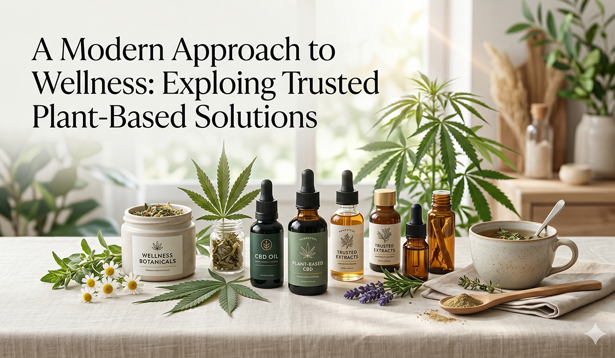 Various plant-based wellness oils and botanical products arranged on a table with hemp leaves.